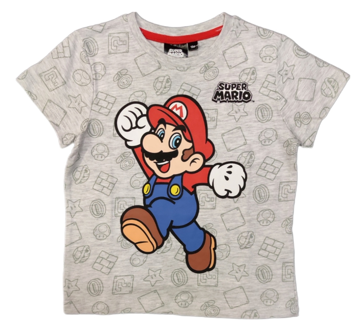 Schickes Super Mario T-Shirt mit Mario auf der Vorderseite. Das Shirt ist im Grundton grau. Zudem sind in einem dunkleren Grau noch Elemente aus dem gleichnamigen Videospiel wie Pilze, Sterne und Schildkrötenpanzer abgebildet
